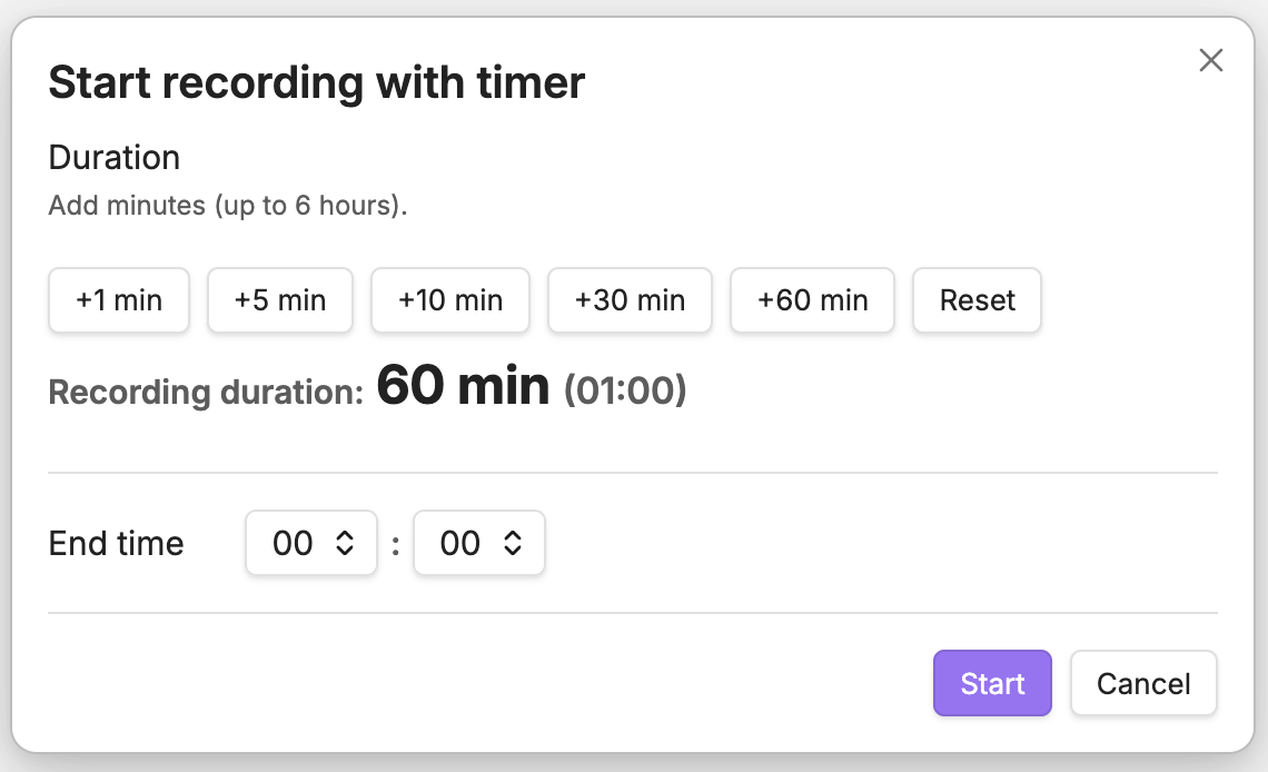 Timer dialog for choosing a recording duration or end time